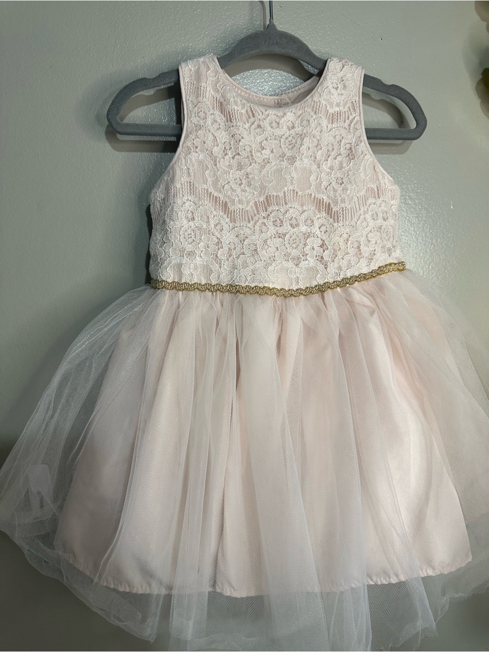 Girls' Lace & Tulle Formal Dress in Blush with Gold Trim